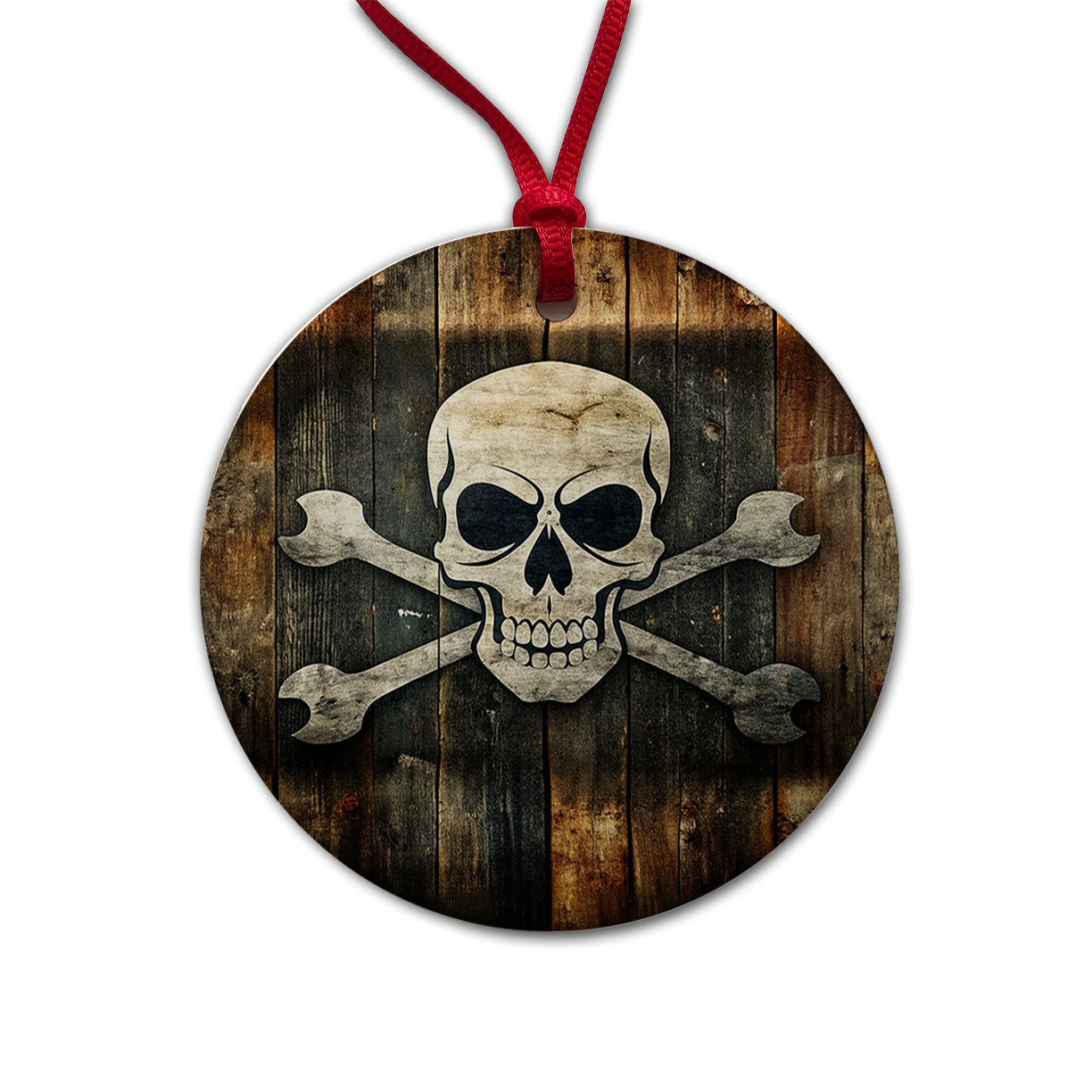 Pirate Skull And Crossbones Jolly Roger Rustic Planks Round Ceramic Holiday Christmas Tree Ornament