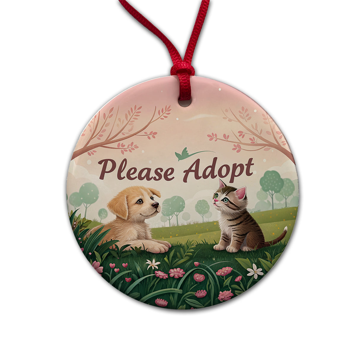 Please Adopt Animal Pet Dog Cat Rescue Round Ceramic Holiday Christmas Tree Ornament
