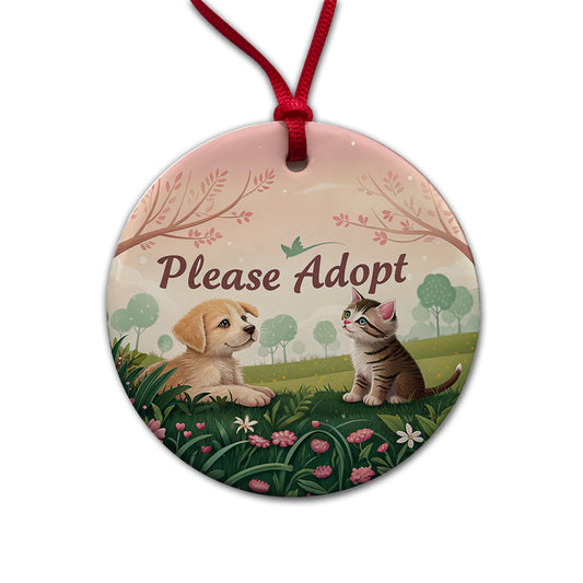 Please Adopt Animal Pet Dog Cat Rescue Round Ceramic Holiday Christmas Tree Ornament