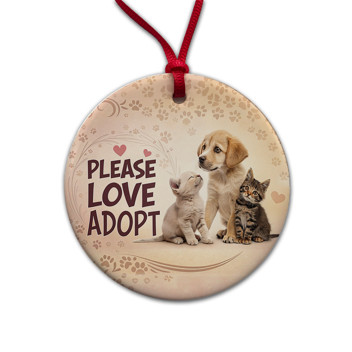 Please Love Adopt Animal Pet Rescue Adoption Round Ceramic Holiday Christmas Tree Ornament