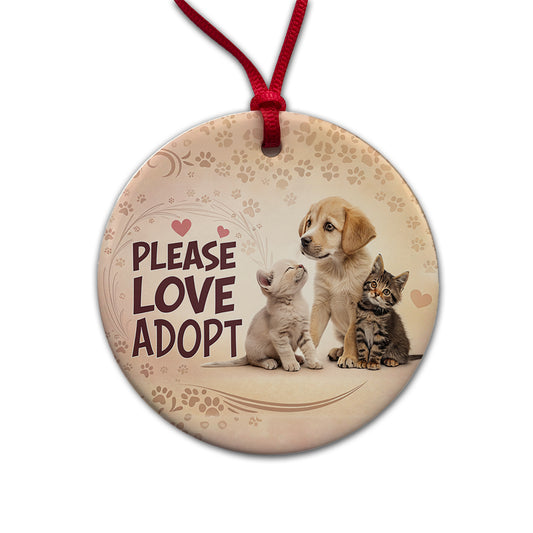 Please Love Adopt Animal Pet Rescue Adoption Round Ceramic Holiday Christmas Tree Ornament