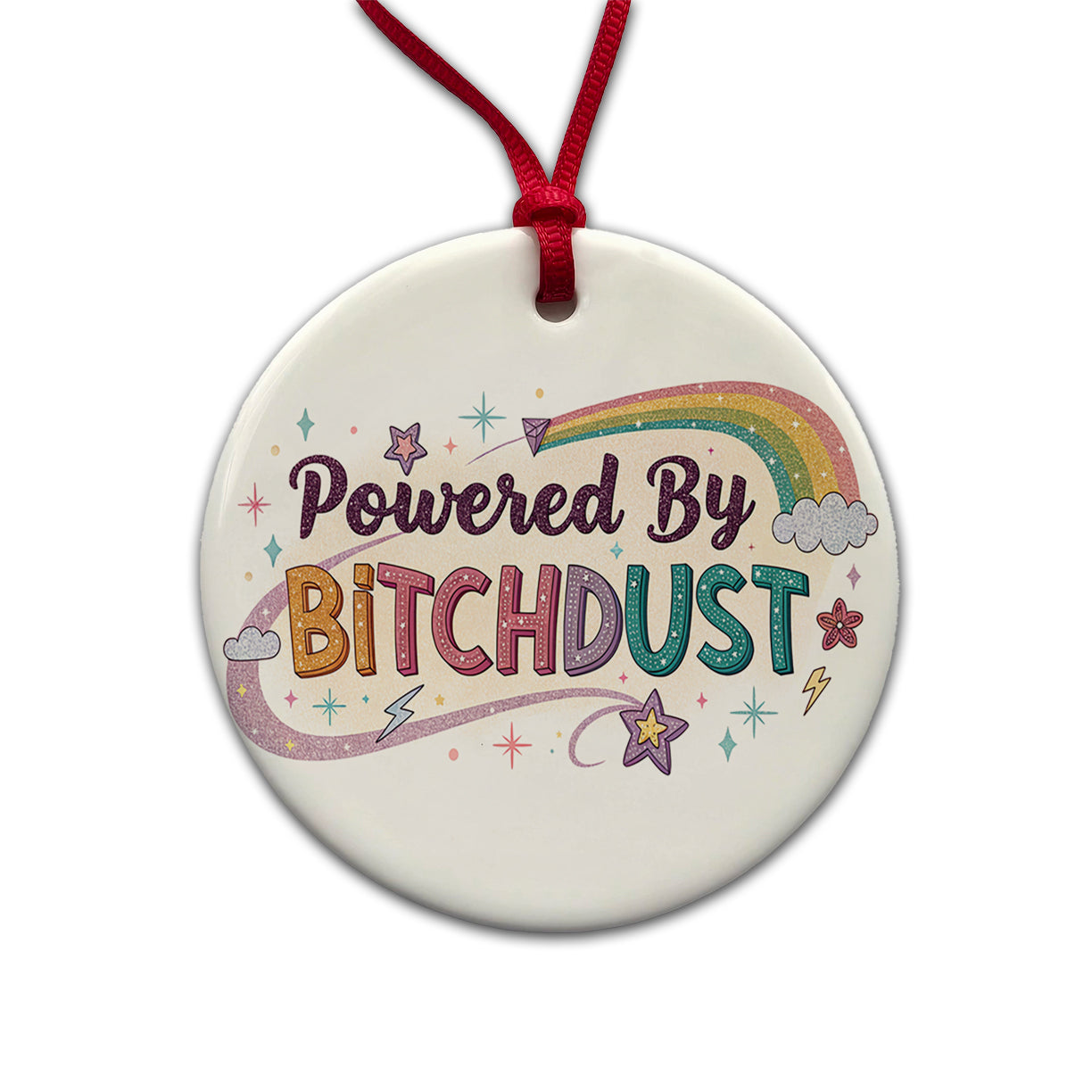 Powered By Bitchdust Sparkly Stars Rainbow Round Ceramic Holiday Christmas Tree Ornament