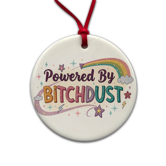 Powered By Bitchdust Sparkly Stars Rainbow Round Ceramic Holiday Christmas Tree Ornament
