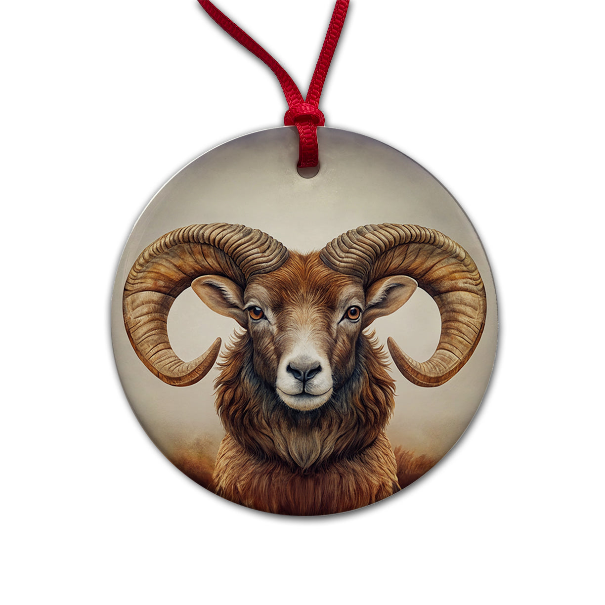 Ram's Head Round Ceramic Holiday Christmas Tree Ornament