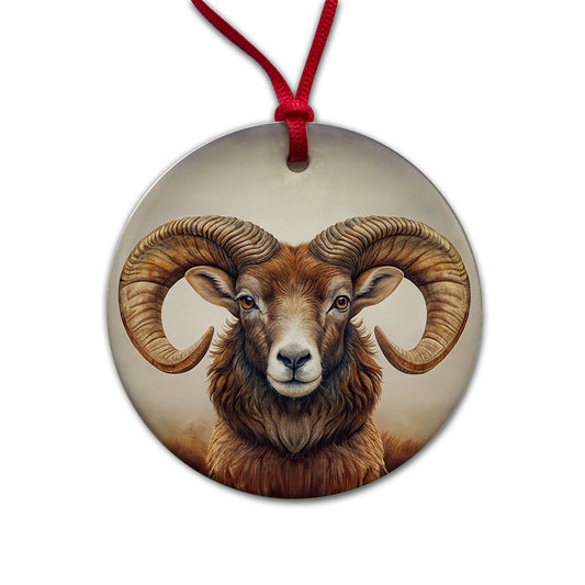 Ram's Head Round Ceramic Holiday Christmas Tree Ornament