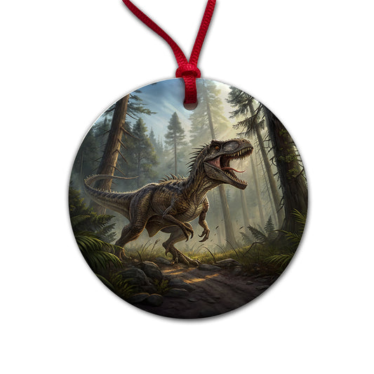 Raptor Dinosaur In Forest Round Ceramic Holiday Christmas Tree Ornament