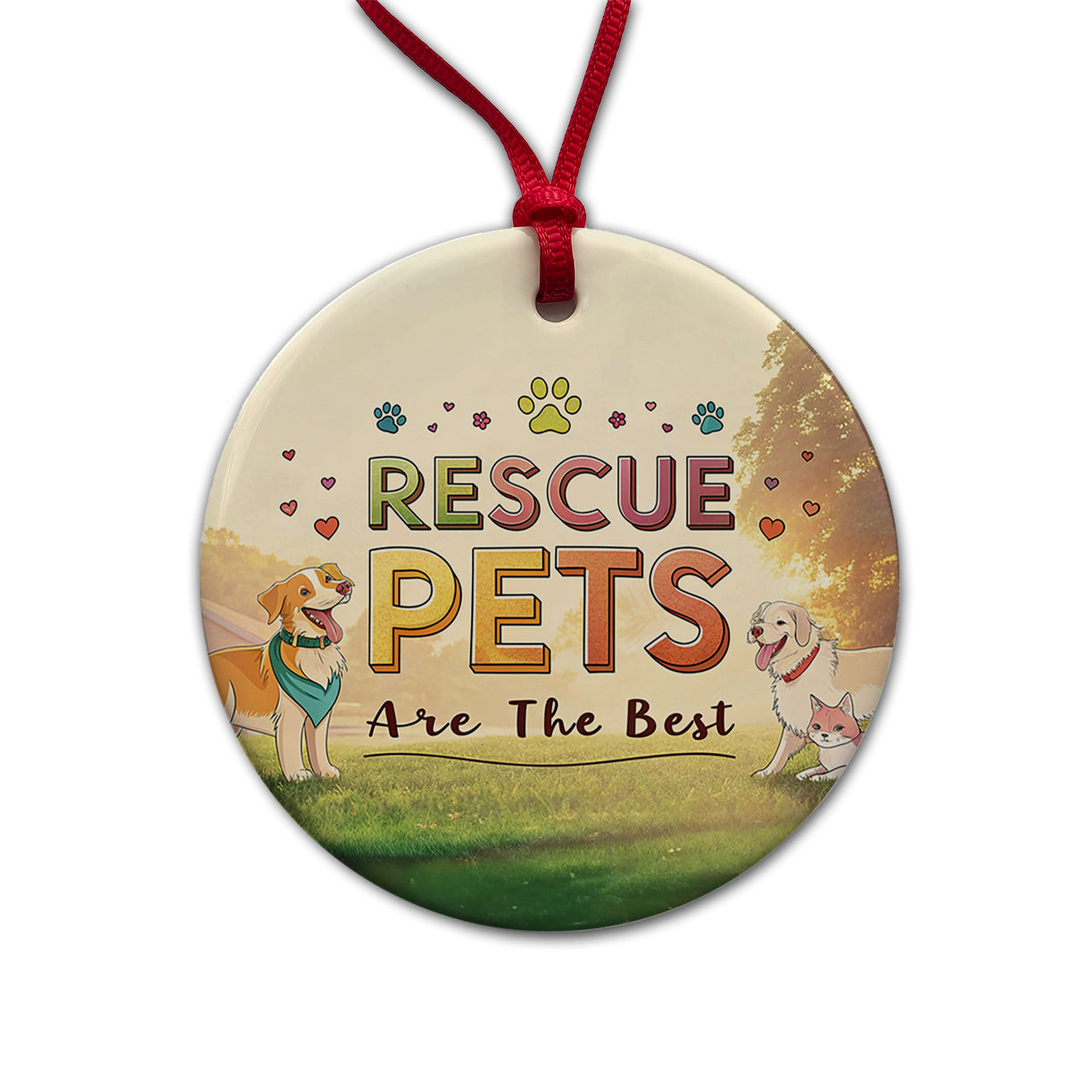 Rescue Pets Are The Best Adopt Dog Cat Round Ceramic Holiday Christmas Tree Ornament