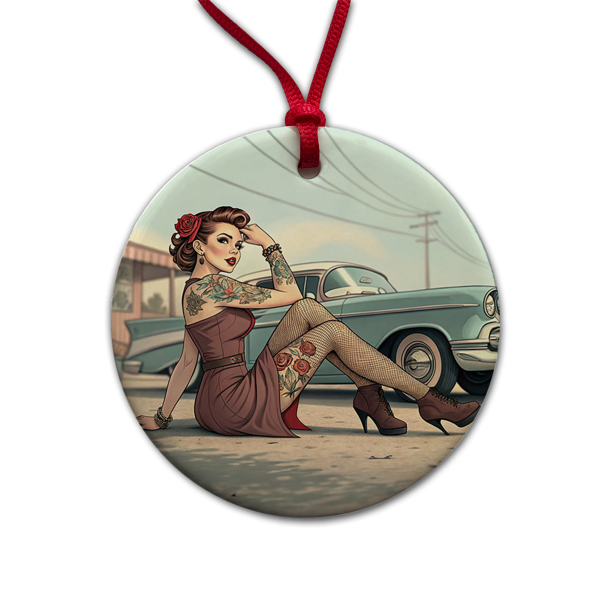 Rockabilly Retro 50's Pin-Up Girl With Tattoos Round Ceramic Holiday Christmas Tree Ornament