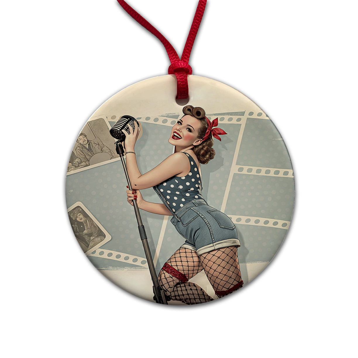 Rockabilly Retro 50's Pin-Up Girl Round Ceramic Holiday Christmas Tree Ornament