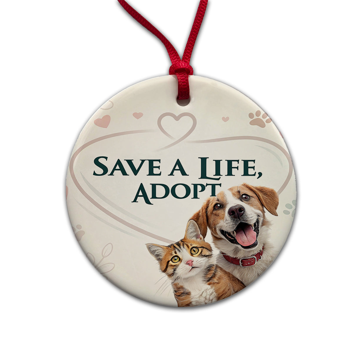 Save A Life Adopt Rescue Pet Dog Cat Round Ceramic Holiday Christmas Tree Ornament