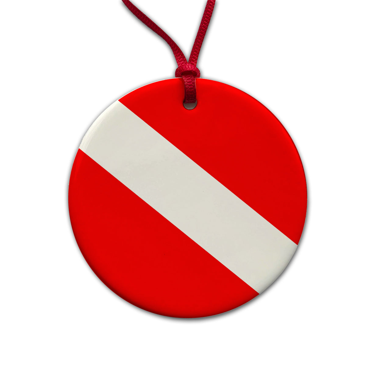 Scuba Diving Flag Red White Diver Down Round Ceramic Holiday Christmas Tree Ornament