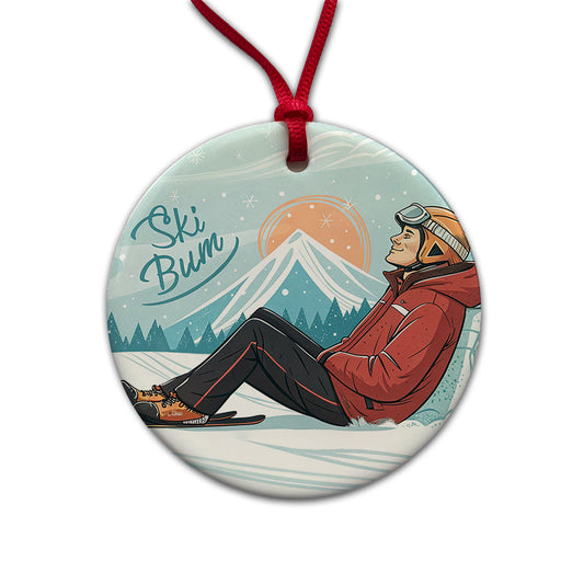 Ski Bum Lounging Round Ceramic Holiday Christmas Tree Ornament