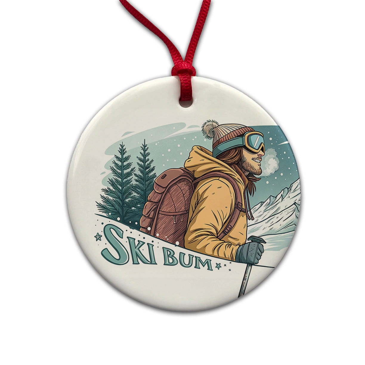 Ski Bum On The Mountain Round Ceramic Holiday Christmas Tree Ornament