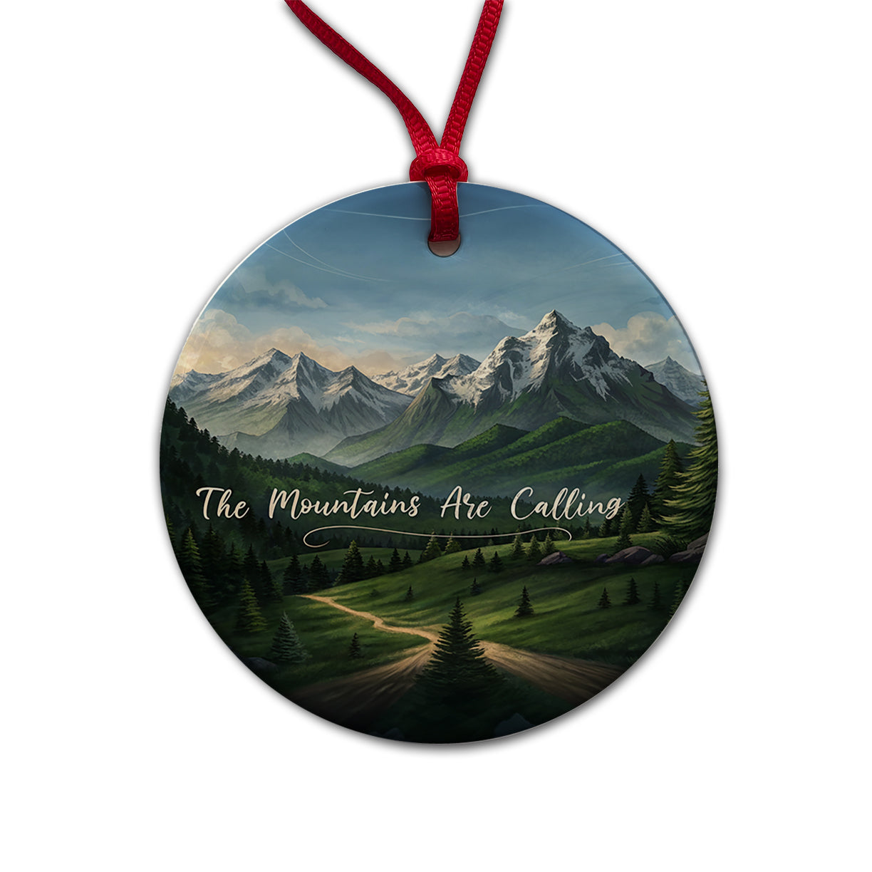 The Mountains Are Calling Hiking Camping Outdoors Adventure Round Ceramic Holiday Christmas Tree Ornament