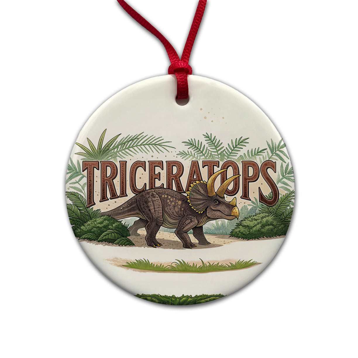 Triceratops Horned Dinosaur Cartoon Round Ceramic Holiday Christmas Tree Ornament