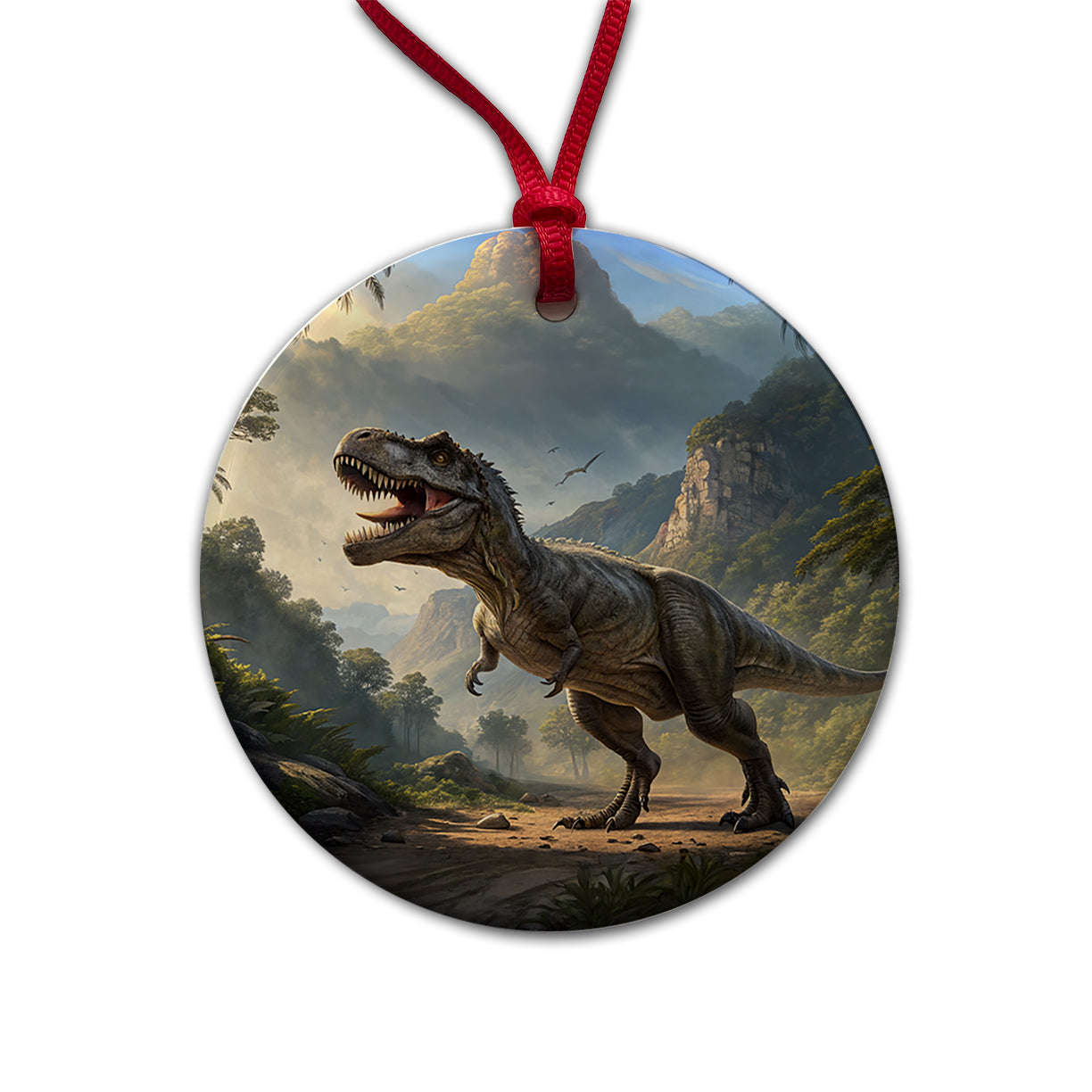 Tyrannosaurus T-Rex Dinosaur in the Wild Round Ceramic Holiday Christmas Tree Ornament