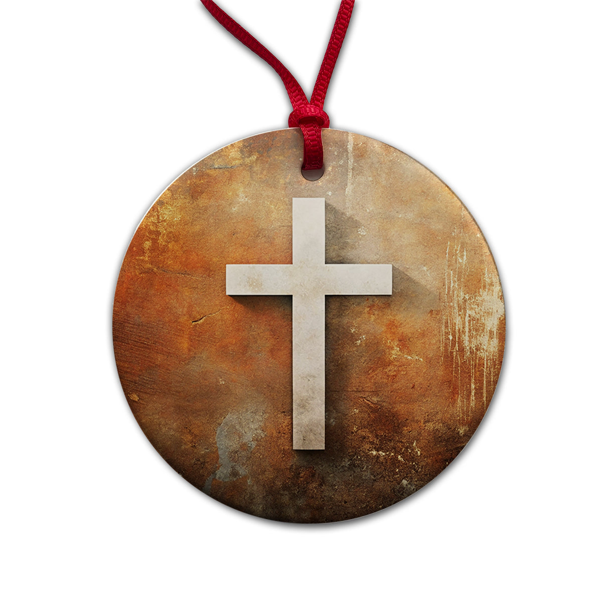 White Cross On Rusty Rustic Background Religious Round Ceramic Holiday Christmas Tree Ornament