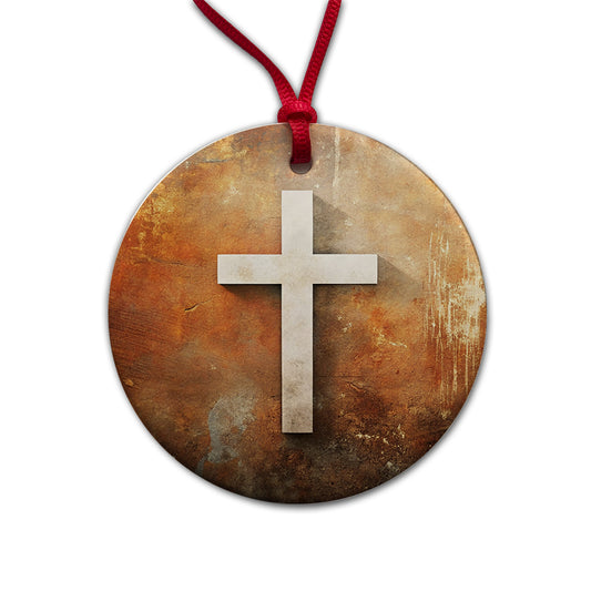 White Cross On Rusty Rustic Background Religious Round Ceramic Holiday Christmas Tree Ornament