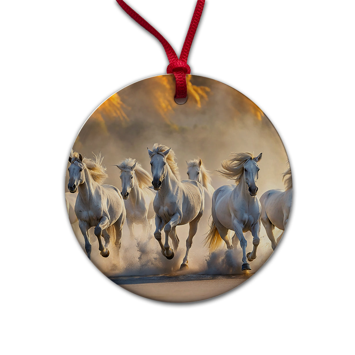White Horses Galloping Out Of The Mist Round Ceramic Holiday Christmas Tree Ornament