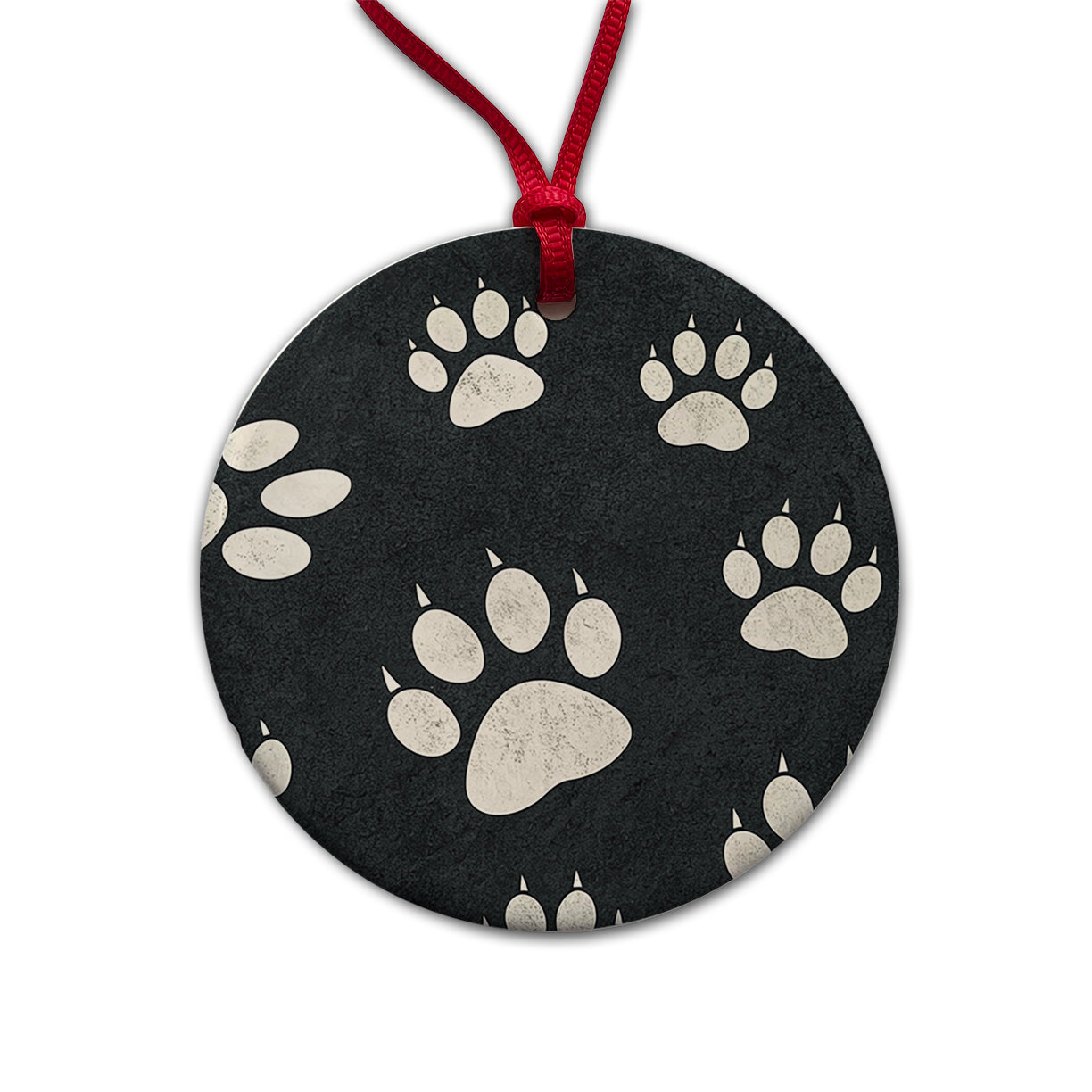 White Paw Prints On Black Pattern Round Ceramic Holiday Christmas Tree Ornament