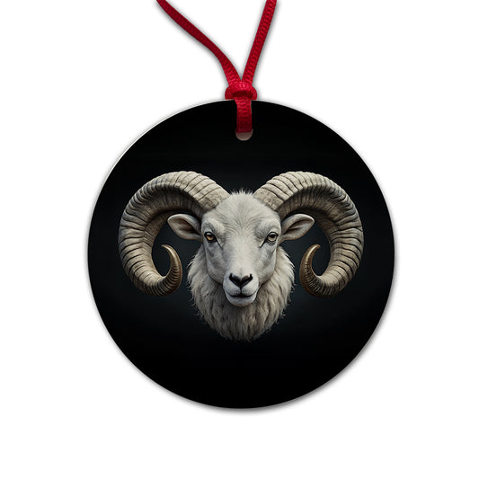 White Ram Head Round Ceramic Holiday Christmas Tree Ornament