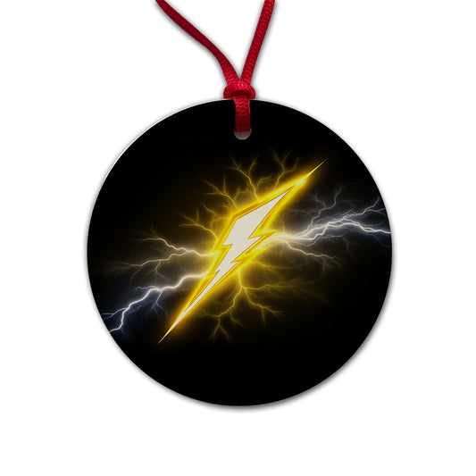 Yellow and White Lightning Bolt On Black Round Ceramic Holiday Christmas Tree Ornament
