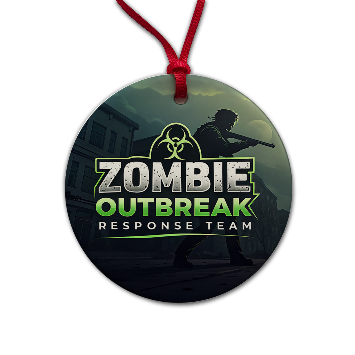 Zombie Outbreak Response Team Biohazard Design Round Ceramic Holiday Christmas Tree Ornament