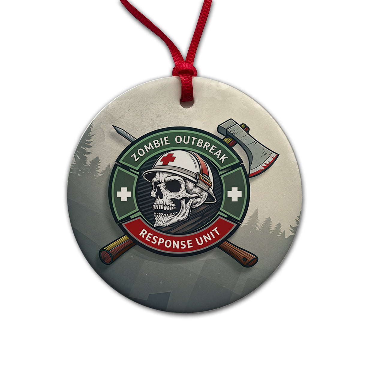 Zombie Outbreak Response Unit Skull Round Ceramic Holiday Christmas Tree Ornament