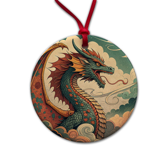 60's Style Pulp Fantasy Dragon Illustration Round Ceramic Holiday Christmas Tree Ornament