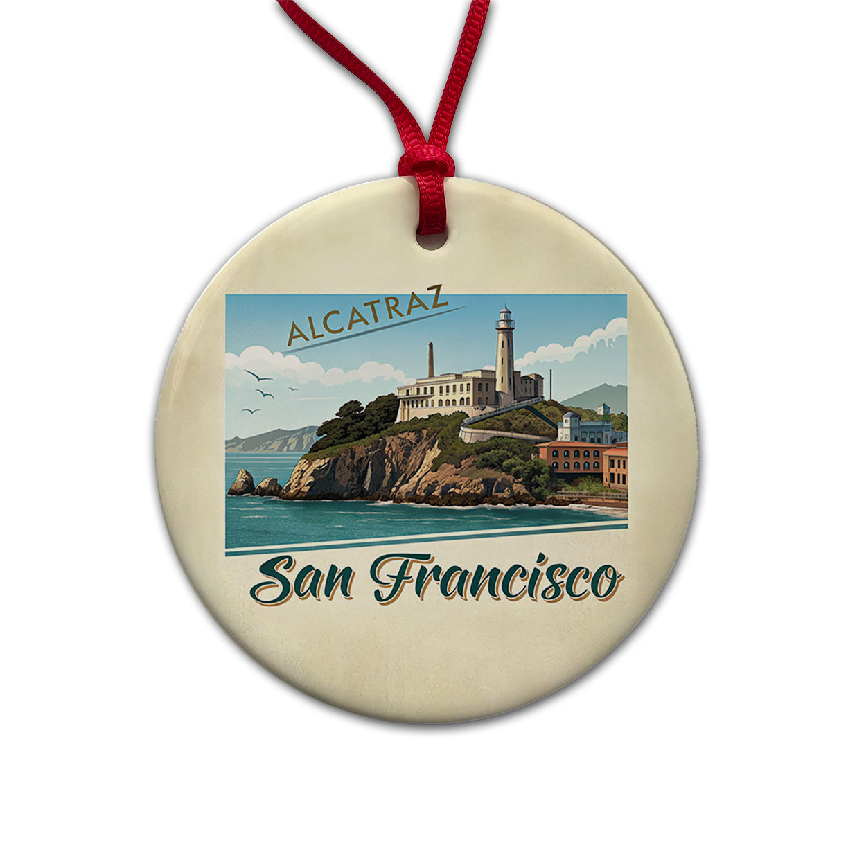 Alcatraz San Francisco Prison Travel Stamp Round Ceramic Holiday Christmas Tree Ornament