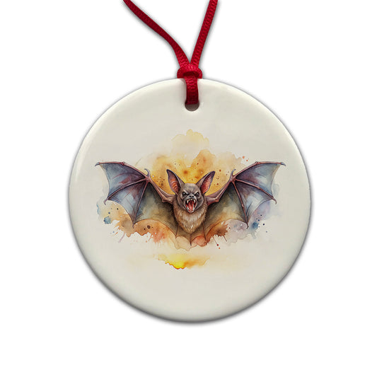 Angry Bat Watercolor Round Ceramic Holiday Christmas Tree Ornament