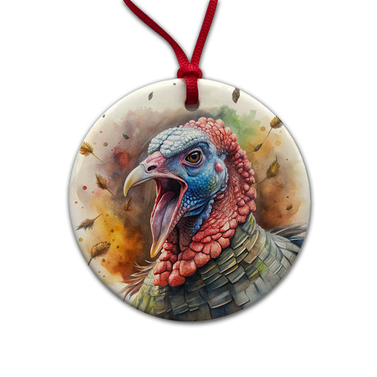 Angry Male Tom Gobbler Turkey Watercolor Round Ceramic Holiday Christmas Tree Ornament