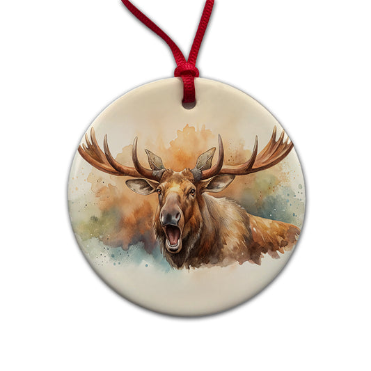Angry Moose Watercolor Round Ceramic Holiday Christmas Tree Ornament