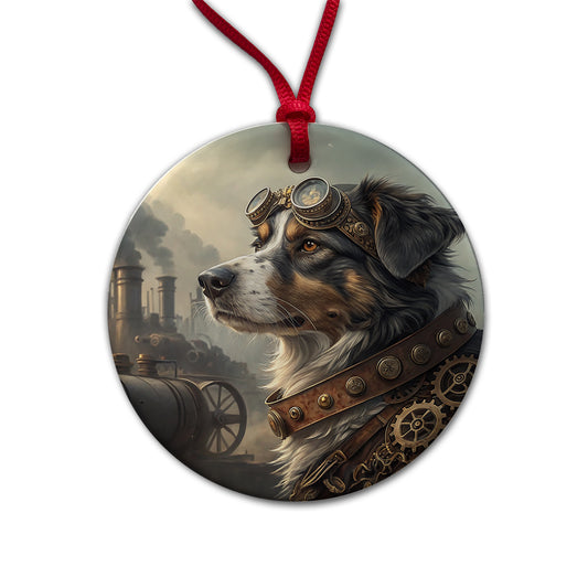 Australian Shepherd Dog Steampunk Round Ceramic Holiday Christmas Tree Ornament