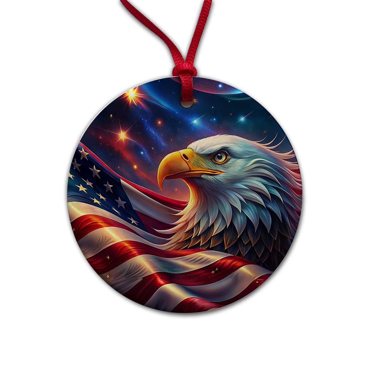 Awesome Patriotic American Flag and Bald Eagle Round Ceramic Holiday Christmas Tree Ornament