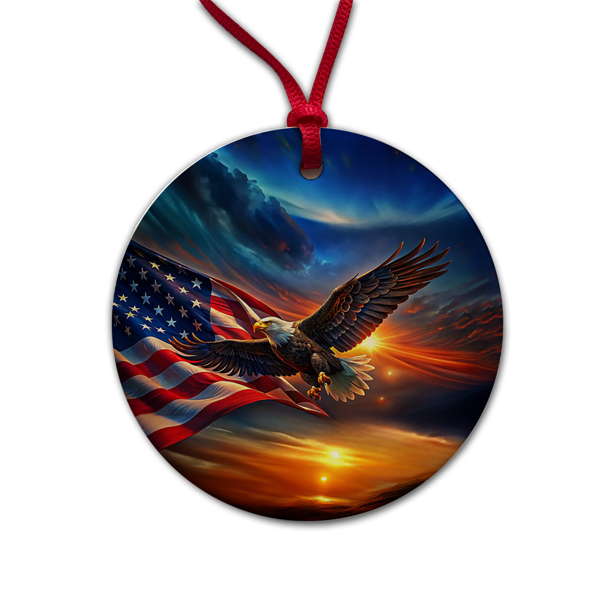 Awesome Patriotic American Flag and Flying Bald Eagle Round Ceramic Holiday Christmas Tree Ornament