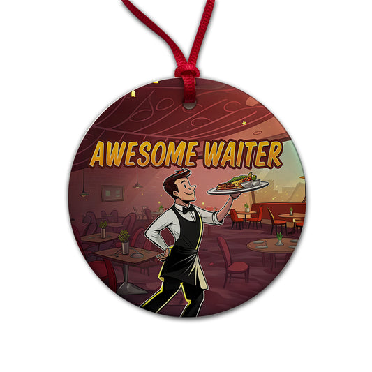Awesome Waiter Inspirational Food Server Round Ceramic Holiday Christmas Tree Ornament