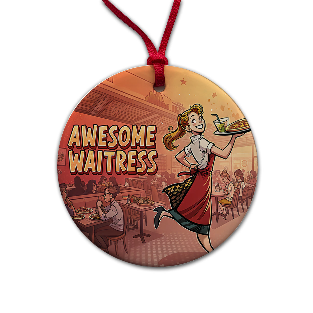 Awesome Waitress Inspirational Food Server Round Ceramic Holiday Christmas Tree Ornament