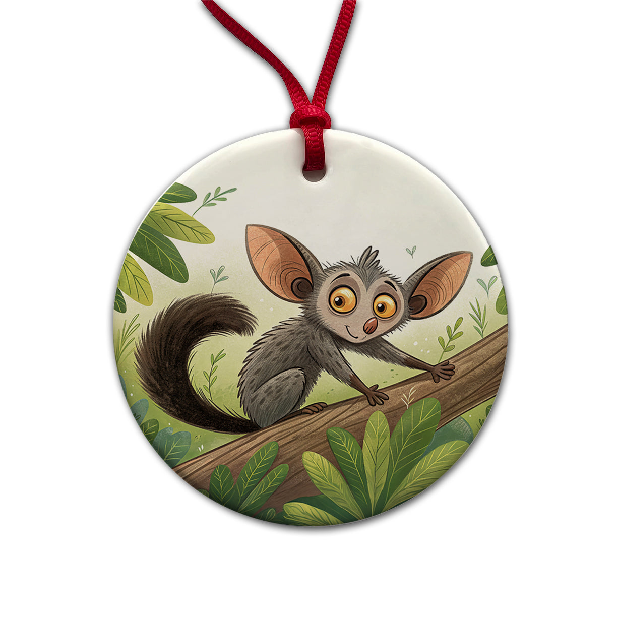 Aye Aye Children's Illustration Style Round Ceramic Holiday Christmas Tree Ornament