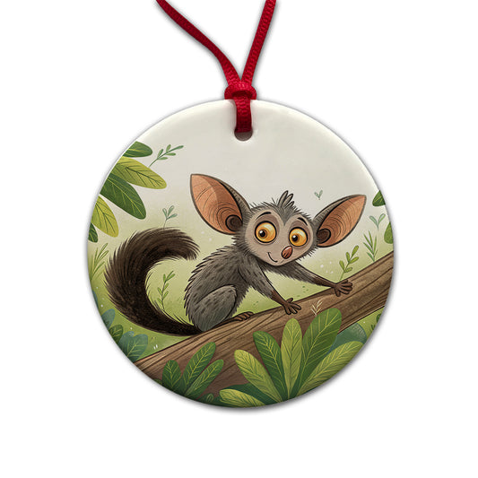Aye Aye Children's Illustration Style Round Ceramic Holiday Christmas Tree Ornament