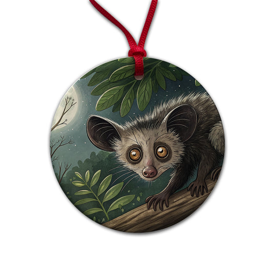 Aye Aye Long Fingered Lemur Illustration Round Ceramic Holiday Christmas Tree Ornament