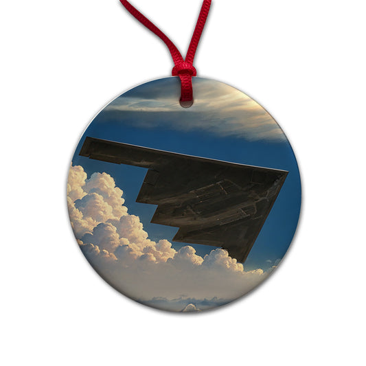 B-2 Spirit Stealth Bomber Airplane In Flight Illustration Round Ceramic Holiday Christmas Tree Ornament