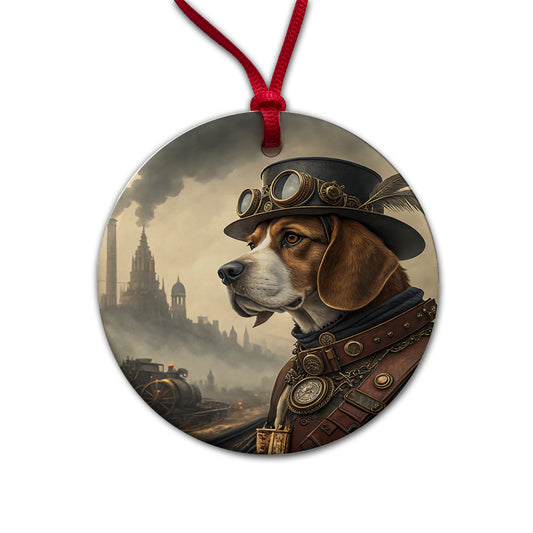 Beagle Dog Steampunk Round Ceramic Holiday Christmas Tree Ornament