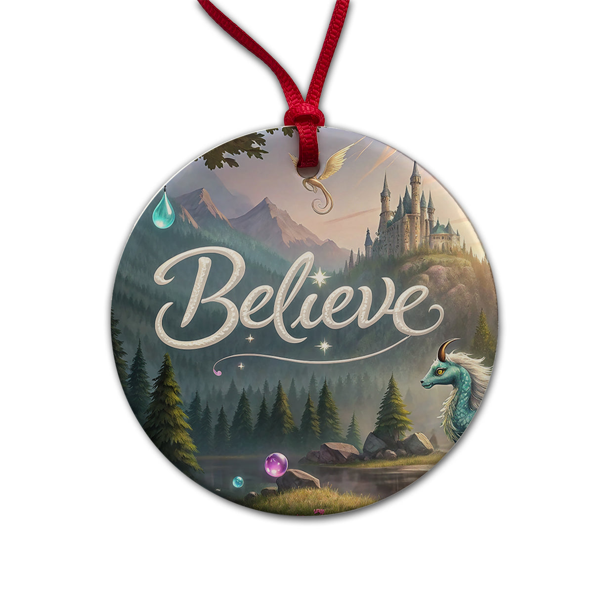 Believe Fantasy Creatures Round Ceramic Holiday Christmas Tree Ornament