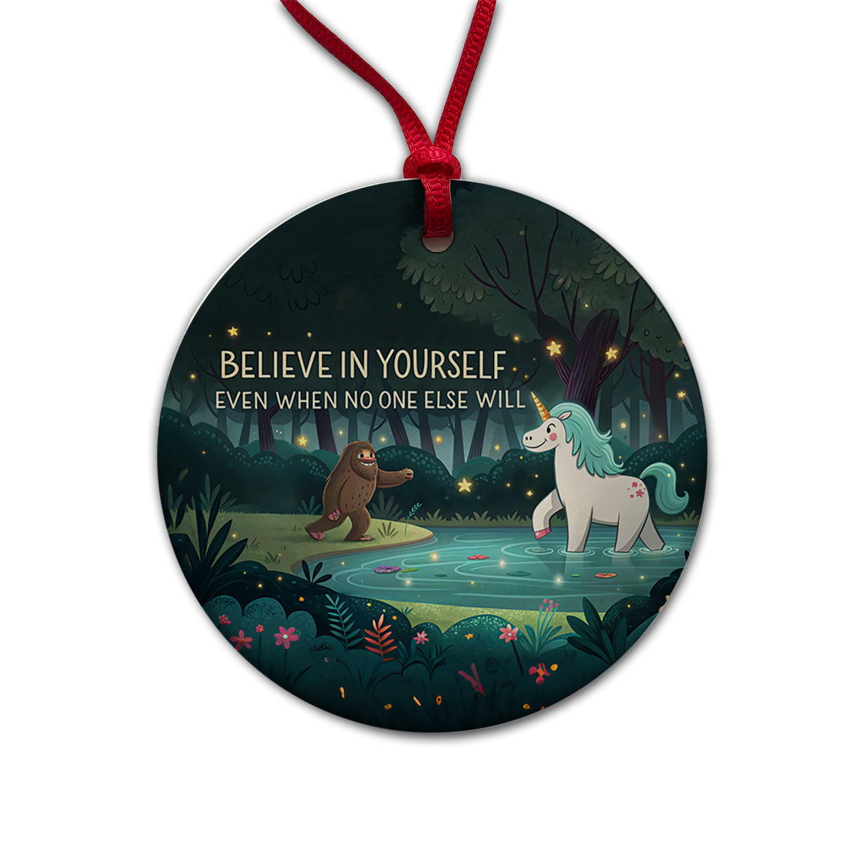 Believe In Yourself Even When No One Else Will Bigfoot Unicorn Funny Round Ceramic Holiday Christmas Tree Ornament