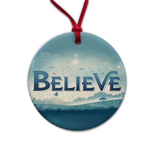 Believe Inspirational Religious Round Ceramic Holiday Christmas Tree Ornament