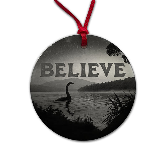 Believe Loch Ness Monster Fantasy Creatures Round Ceramic Holiday Christmas Tree Ornament