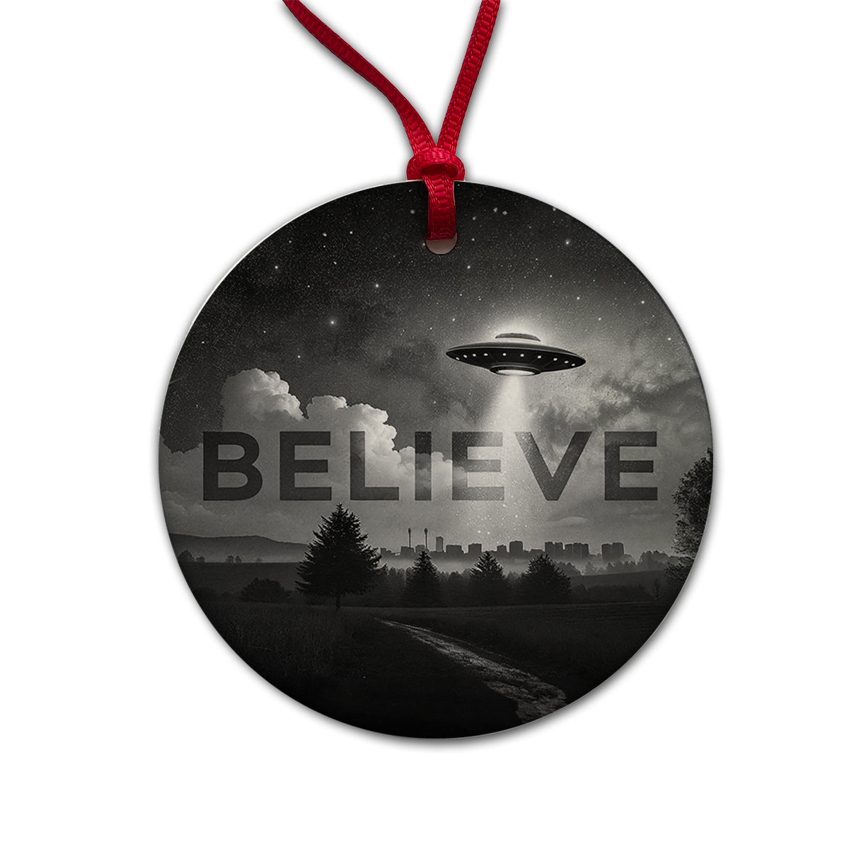 Believe UFO Sci-Fi Fantasy Round Ceramic Holiday Christmas Tree Ornament