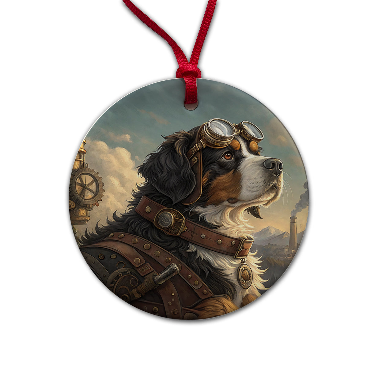 Bernese Mountain Dog Steampunk Round Ceramic Holiday Christmas Tree Ornament