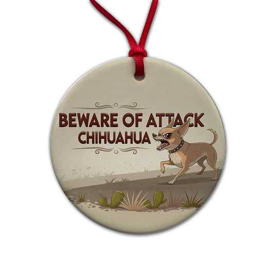 Beware Of Attack Chihuahua Dog Funny Round Ceramic Holiday Christmas Tree Ornament